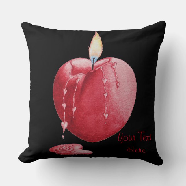 burning love heart shaped red candle romantic cushion (Front)