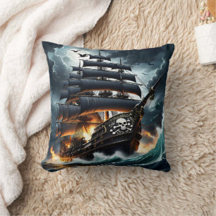 Burning Pirate Ship in Stormy Seas at Dusk Cushion