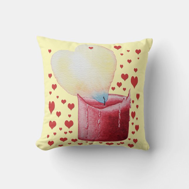 burning red candle with heart shaped flame of love cushion (Front)