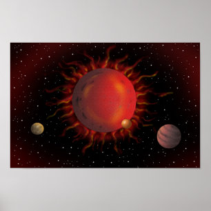 Burning red giant star and planets drawn to it. poster
