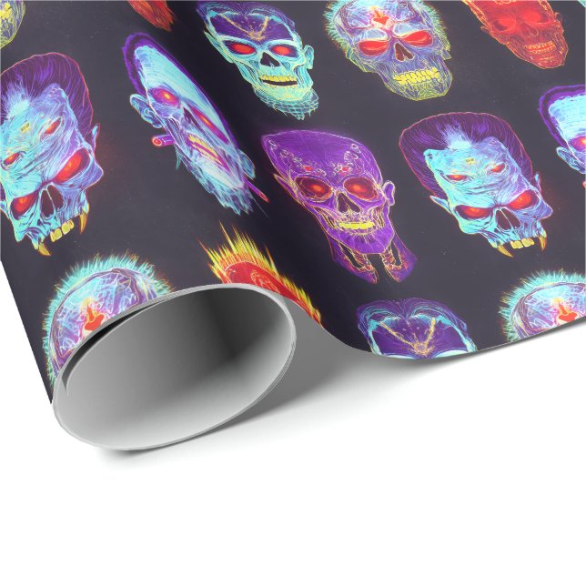 Burning Skull Grid - Neon Zombie Glow Wrapping Paper (Roll Corner)
