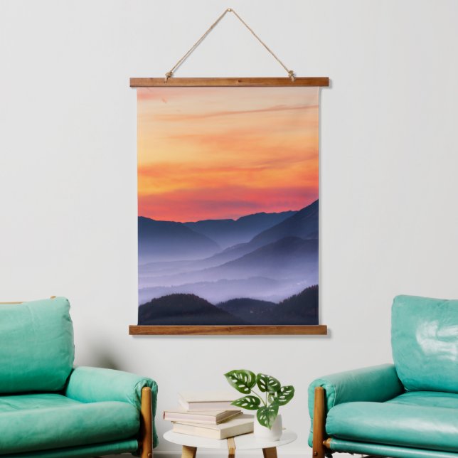 Burning sunset and fog in valley hanging tapestry (Living Room)