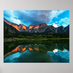 Burning sunset over the mountains at lake Fusine, Poster