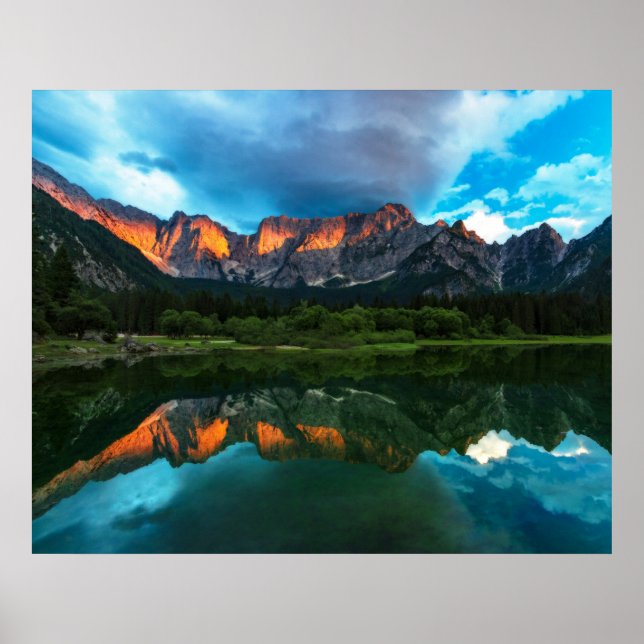 Burning sunset over the mountains at lake Fusine,  Poster (Front)