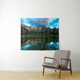 Burning sunset over the mountains at lake Fusine,  Tapestry