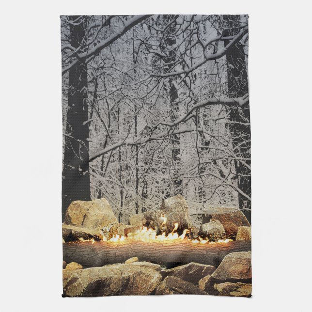 Burning Yule Log in a Snowy Forest Tea Towel (Vertical)