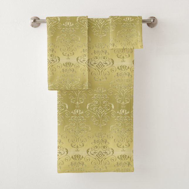 Burnished Gold Contrasting Gradkents Damask Print Bath Towel Set (Insitu)