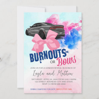 Burnouts or Bows Gender Reveal Invitation
