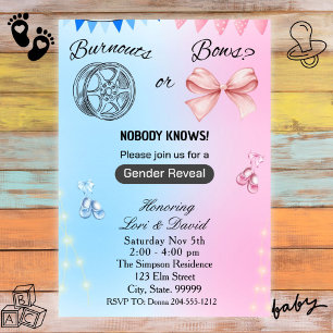 Burnouts or Bows Gender Reveal Invitation 