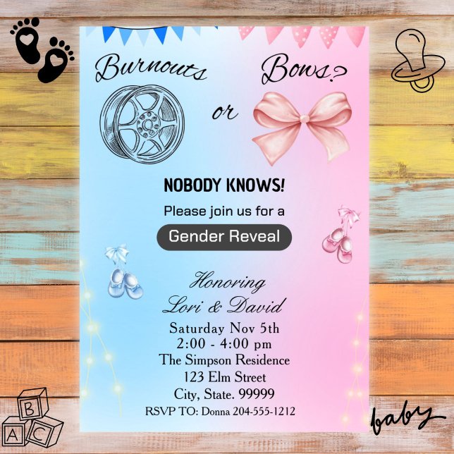 Burnouts or Bows Gender Reveal Invitation  (Creator Uploaded)