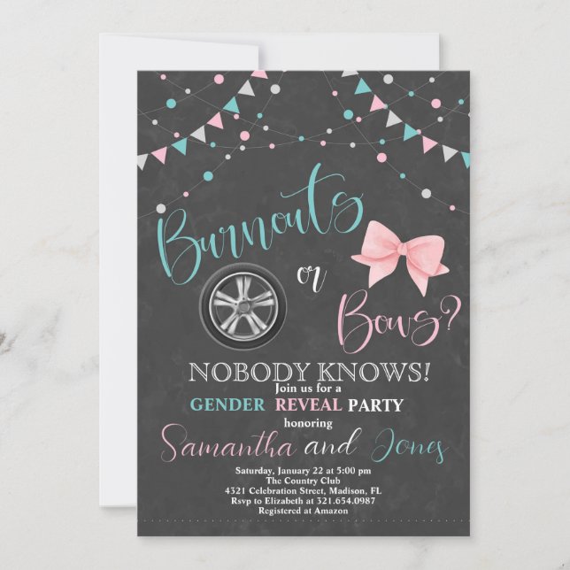 Burnouts or Bows Gender Reveal Party Invitation (Front)