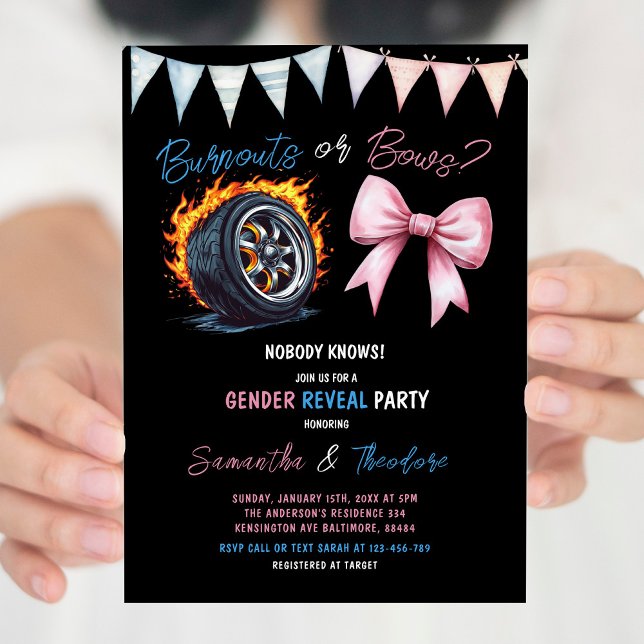 Burnouts or Bows Girl or Boy Gender Reveal Party Invitation (Creator Uploaded)