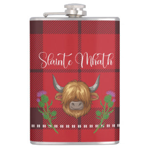 Burns Night Slàinte Mhath Highland Cow Tartan Hip Flask