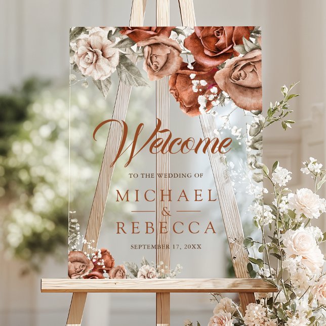 Burnt Boho Terracotta Floral Wedding Welcome Acrylic Sign (Creator Uploaded)