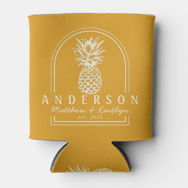 Burnt Buttercup Pineapple Wedding Arch & Name Can Cooler (Front)