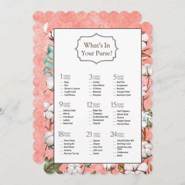 Burnt Coral and Cotton Bridal Shower Game Invitation (Front/Back)