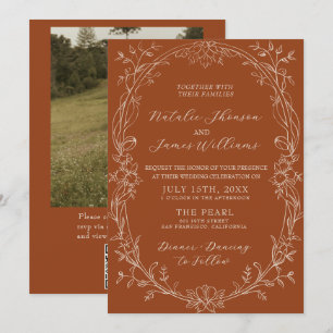 Burnt Orang Floral QR Code Photo Boho Wedding Invitation