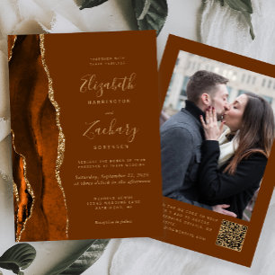 Burnt Orange Agate Brown Photo QR Code Wedding Invitation
