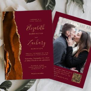 Burnt Orange Agate Burgundy Photo QR Code Wedding Invitation