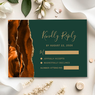 Burnt Orange Agate Emerald Green Wedding RSVP Card