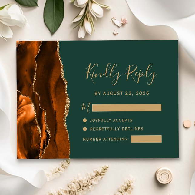 Burnt Orange Agate Emerald Green Wedding RSVP Card (Creator Uploaded)