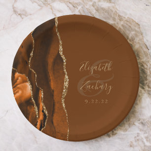 Burnt Orange Agate Gold Brown Wedding Paper Plate