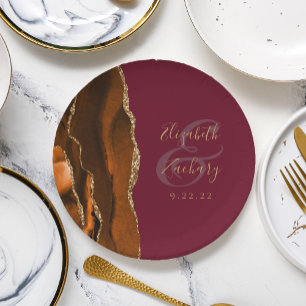 Burnt Orange Agate Gold Burgundy Wedding Paper Plate