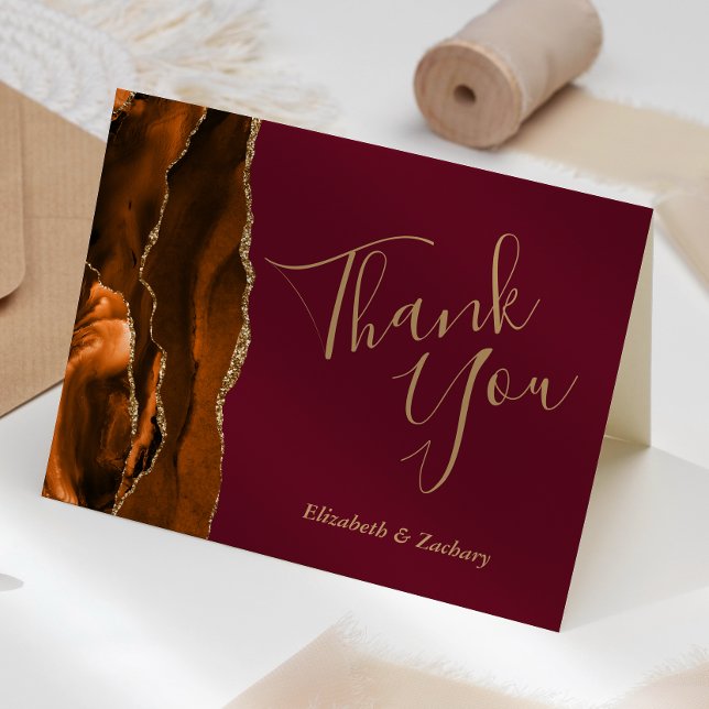 Burnt Orange Agate Gold Burgundy Wedding Thank You Card (Creator Uploaded)