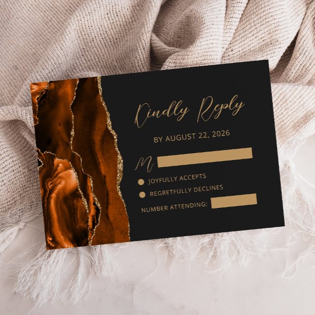 Burnt Orange Agate Gold Calligraphy Script Wedding RSVP Card (Creator Uploaded)