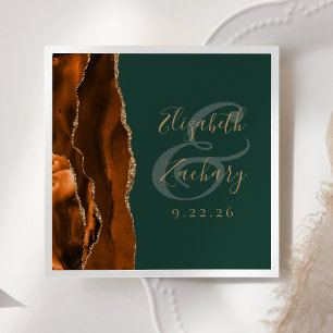 Burnt Orange Agate Gold Dark Green Wedding Napkin