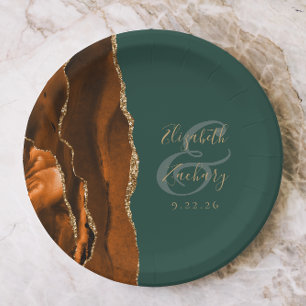 Burnt Orange Agate Gold Dark Green Wedding Paper Plate