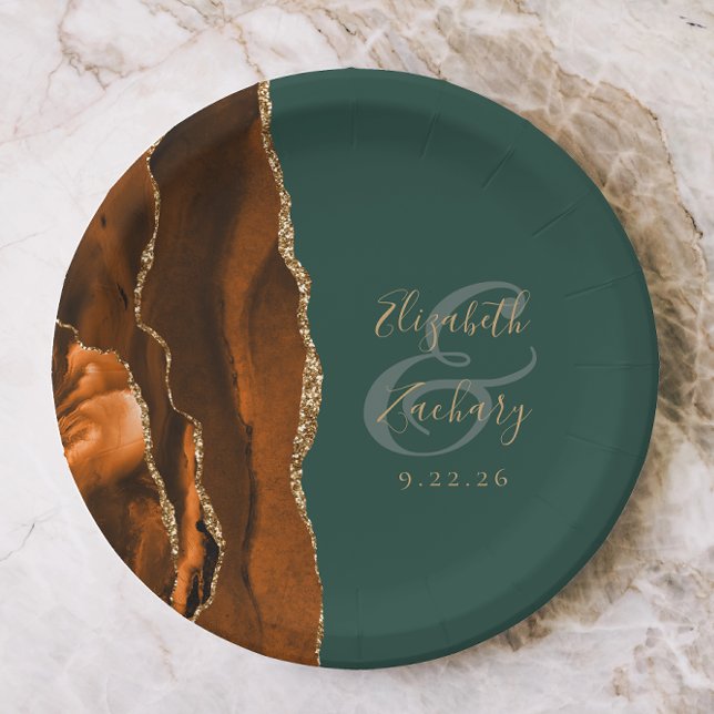 Burnt Orange Agate Gold Dark Green Wedding Paper Plate (Creator Uploaded)