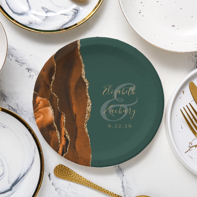 Burnt Orange Agate Gold Dark Green Wedding Paper Plate (Creator Uploaded)