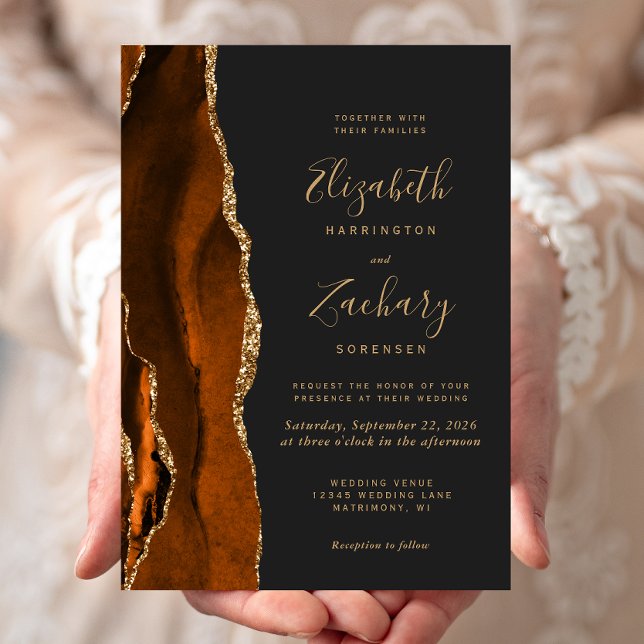 Burnt Orange Agate Gold Dark Wedding Invitation (Creator Uploaded)