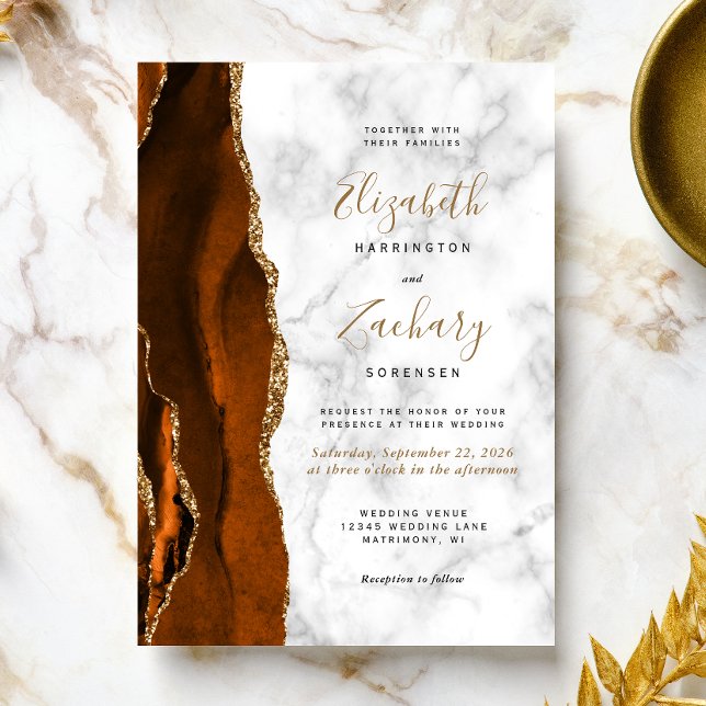 Burnt Orange Agate Gold Marble Wedding Invitation (Creator Uploaded)