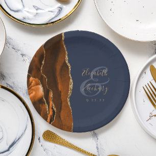 Burnt Orange Agate Gold Navy Blue Wedding Paper Plate