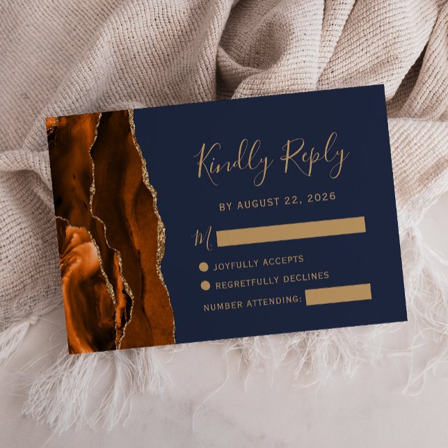 Burnt Orange Agate Gold Navy Blue Wedding RSVP (Creator Uploaded)