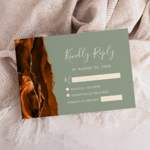 Burnt Orange Agate Gold Sage Green Wedding RSVP Card