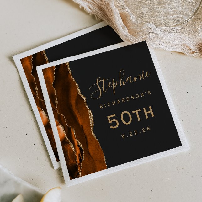 Burnt Orange Agate Gold Script Dark 50th Birthday Napkin (Creator Uploaded)