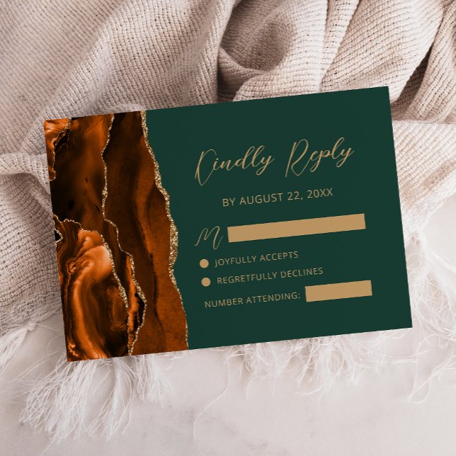 Burnt Orange Agate Gold Script Dark Green Wedding RSVP Card (Creator Uploaded)