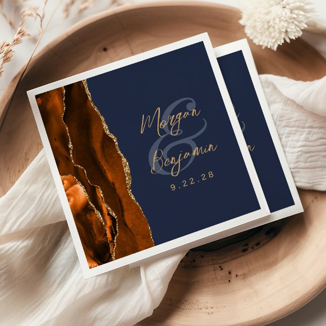 Burnt Orange Agate Gold Script Navy Blue Wedding Napkin (Creator Uploaded)