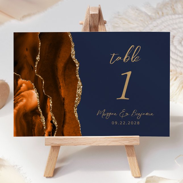 Burnt Orange Agate Gold Script Navy Blue Wedding Table Number (Creator Uploaded)
