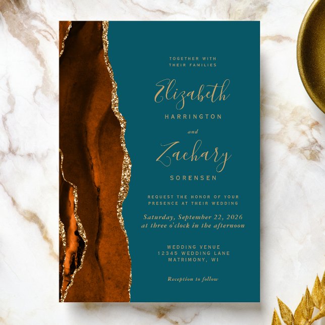 Burnt Orange Agate Gold Teal Wedding Invitation (Creator Uploaded)