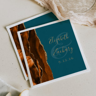 Burnt Orange Agate Gold Teal Wedding Napkin