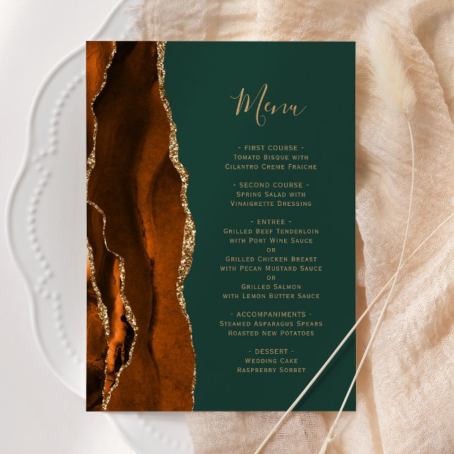 Burnt Orange Agate Green Wedding Menu (Creator Uploaded)