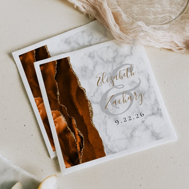 Burnt Orange Agate Marble Gold Script Wedding Napkin (Creator Uploaded)