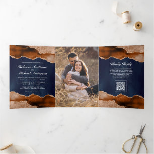 Burnt Orange Agate Marble Navy QR Code Wedding Tri-Fold Invitation