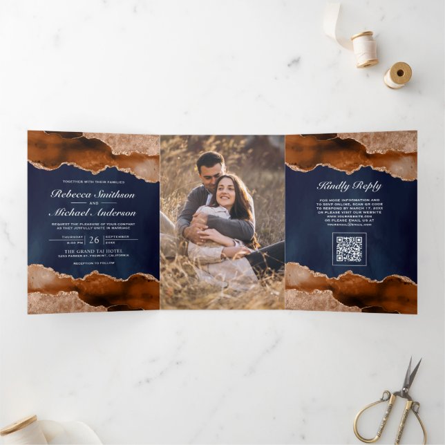 Burnt Orange Agate Marble Navy QR Code Wedding Tri-Fold Invitation (Inside)