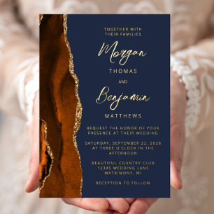 Burnt Orange Agate Navy Blue Modern Script Wedding