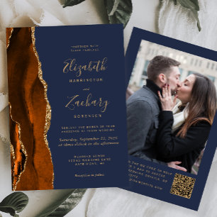 Burnt Orange Agate Navy Photo QR Code Wedding Invitation